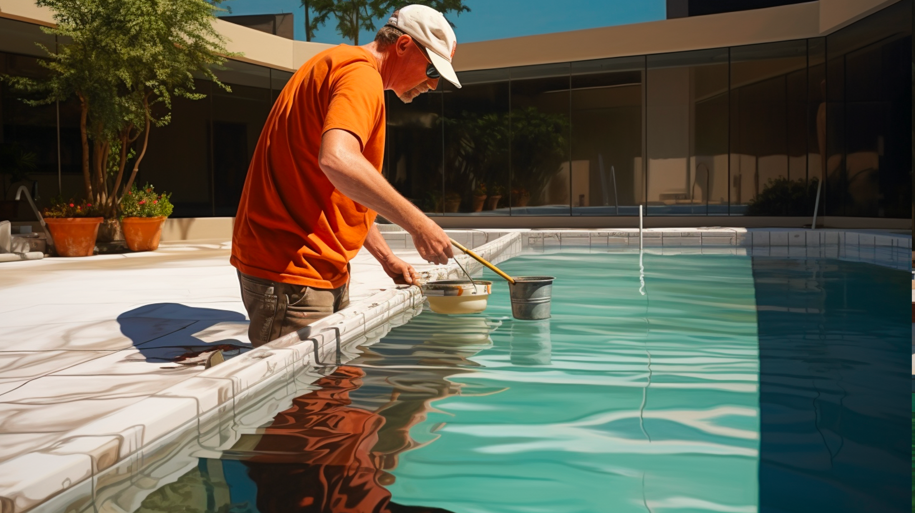 Pool technician cleaning water