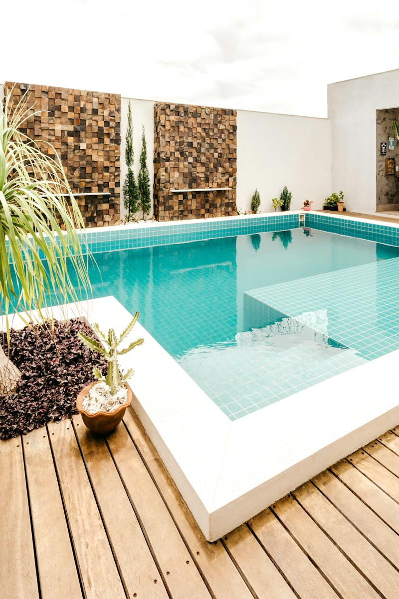 Bright blue pool with yellow float